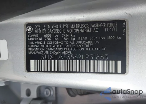 2002 BMW X5 3.0I из США, поврежденный, VIN 5UXFA53562LP31883